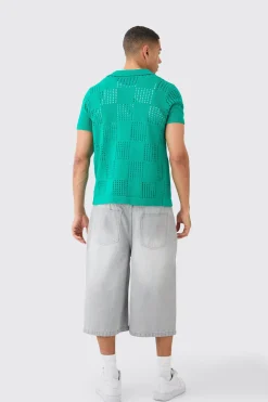 Short Sleeve Checkerboard Open Stitch Shirt In Green | BoohooMAN UK