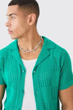Short Sleeve Checkerboard Open Stitch Shirt In Green | BoohooMAN UK