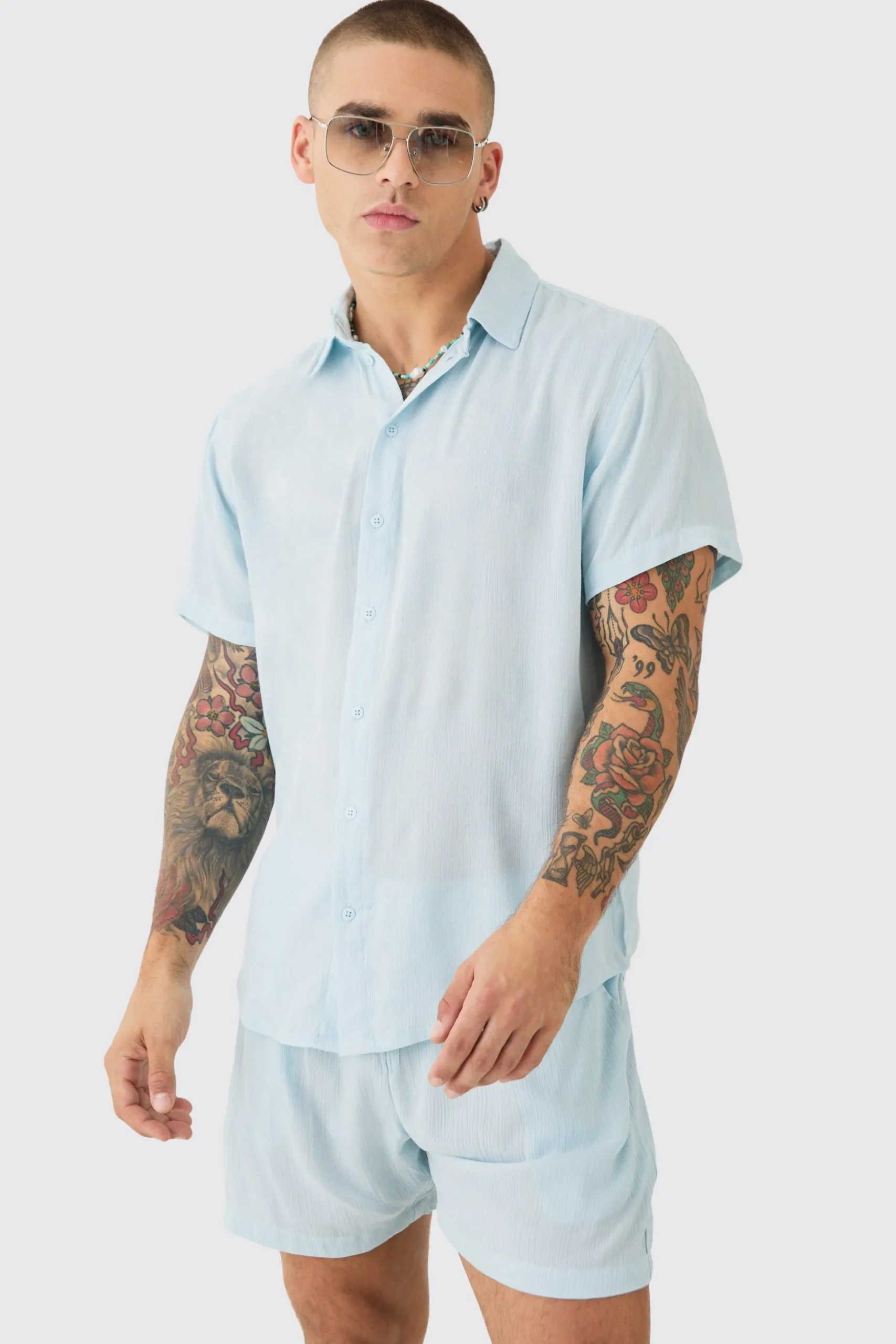 Short Sleeve Cheese Cloth Shirt And Short Set | BoohooMAN UK