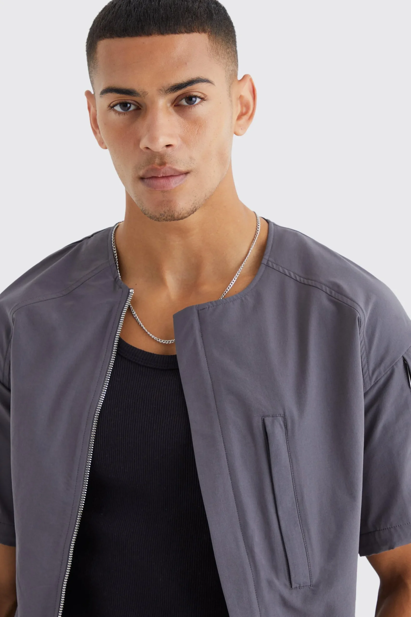 Short Sleeve Collarless Technical Zip Shirt | BoohooMAN UK
