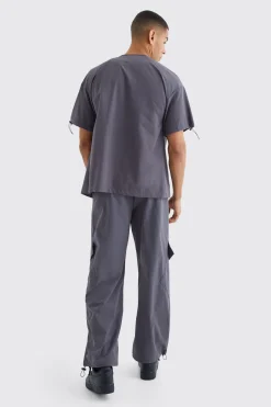 Short Sleeve Collarless Technical Zip Set | BoohooMAN UK