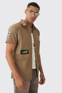 Short Sleeve Concealed Placket Moto Poplin Shirt | BoohooMAN UK