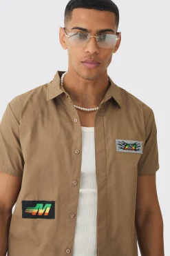Short Sleeve Concealed Placket Moto Poplin Shirt | BoohooMAN UK