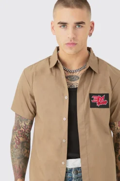Short Sleeve Concealed Placket Moto Poplin Shirt | BoohooMAN UK