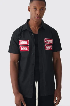 Short Sleeve Concealed Placket Moto Poplin Shirt | BoohooMAN UK