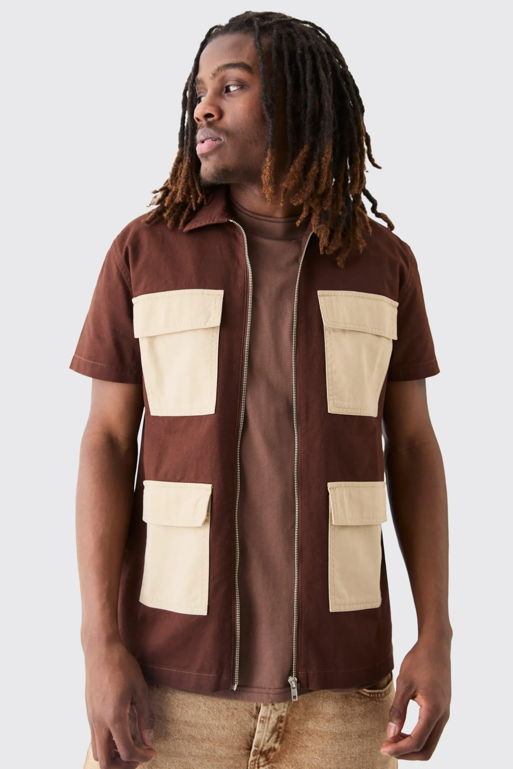 Short Sleeve Contrast Pocket Twill Shirt | BoohooMAN UK