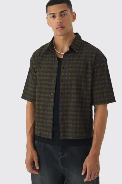 Short Sleeve Crinkle Checked Oversized Shirt | BoohooMAN UK