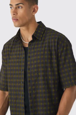 Short Sleeve Crinkle Checked Oversized Shirt | BoohooMAN UK