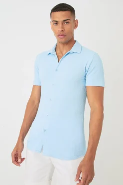 Short Sleeve Crinkle Muscle Fit Shirt | BoohooMAN UK