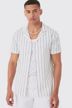 Short Sleeve Crinkle Pinstripe Shirt | BoohooMAN UK