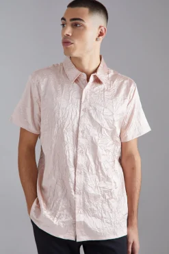 Short Sleeve Crinkle Satin Sheen Shirt | BoohooMAN UK