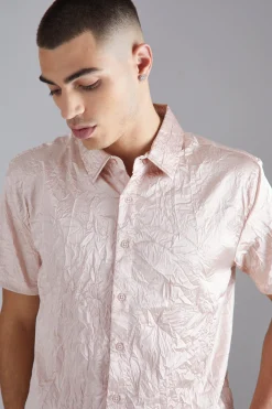 Short Sleeve Crinkle Satin Sheen Shirt | BoohooMAN UK