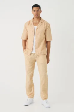Short Sleeve Drop Linen Look Revere Shirt & Straight Trouser | BoohooMAN UK