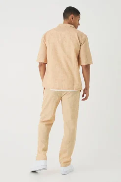 Short Sleeve Drop Linen Look Revere Shirt & Straight Trouser | BoohooMAN UK