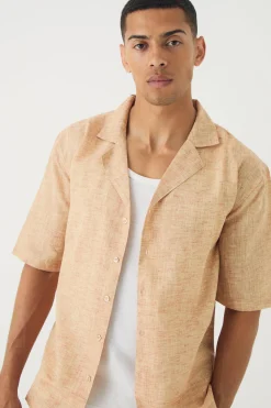 Short Sleeve Drop Linen Look Revere Shirt & Straight Trouser | BoohooMAN UK