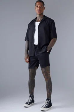 Short Sleeve Drop Revere Satin Shirt And Short Set | BoohooMAN UK