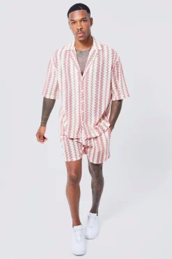 Short Sleeve Drop Revere Zig Zag Open Weave Shirt And Short | BoohooMAN UK