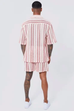 Short Sleeve Drop Revere Zig Zag Open Weave Shirt And Short | BoohooMAN UK