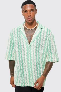 Short Sleeve Drop Revere Zig Zag Open Weave Shirt | BoohooMAN UK