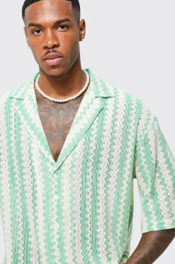 Short Sleeve Drop Revere Zig Zag Open Weave Shirt | BoohooMAN UK