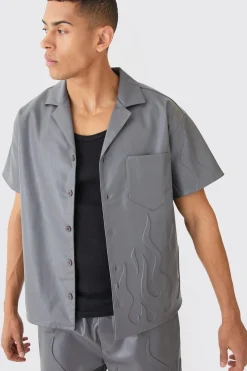 Short Sleeve Drop Revere Boxy Pu Embossed Set | BoohooMAN UK