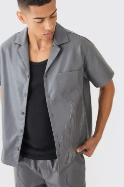 Short Sleeve Drop Revere Boxy Pu Embossed Set | BoohooMAN UK