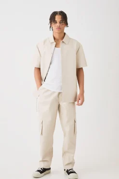 Short Sleeve Drop Shoulder Pu Overshirt & Cargo Trouser Set | BoohooMAN UK