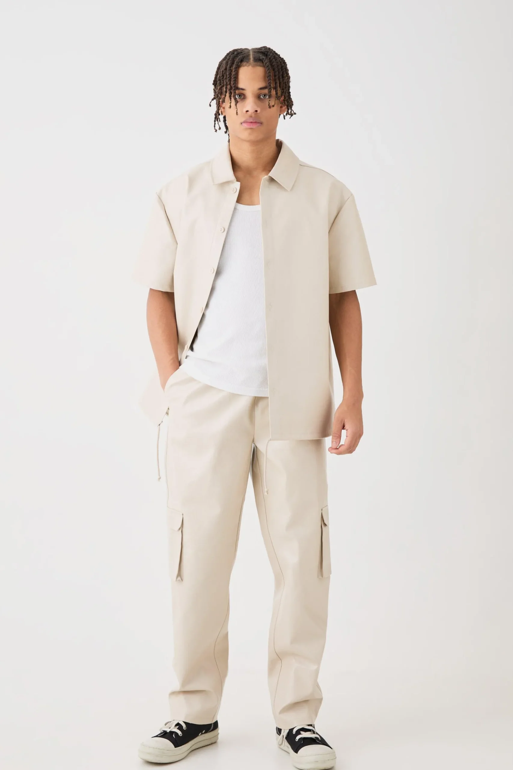 Short Sleeve Drop Shoulder Pu Overshirt & Cargo Trouser Set | BoohooMAN UK