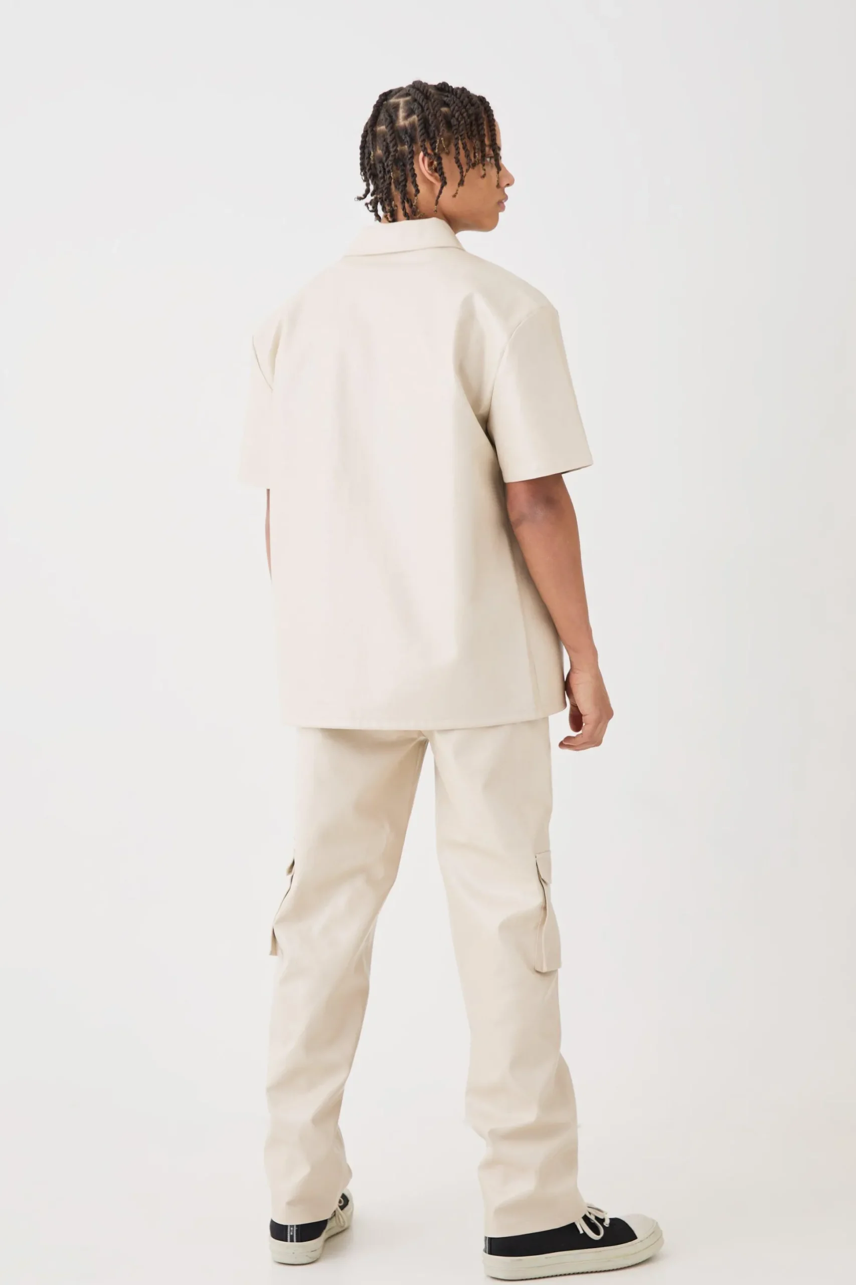 Short Sleeve Drop Shoulder Pu Overshirt & Cargo Trouser Set | BoohooMAN UK