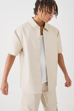 Short Sleeve Drop Shoulder Pu Overshirt & Cargo Trouser Set | BoohooMAN UK