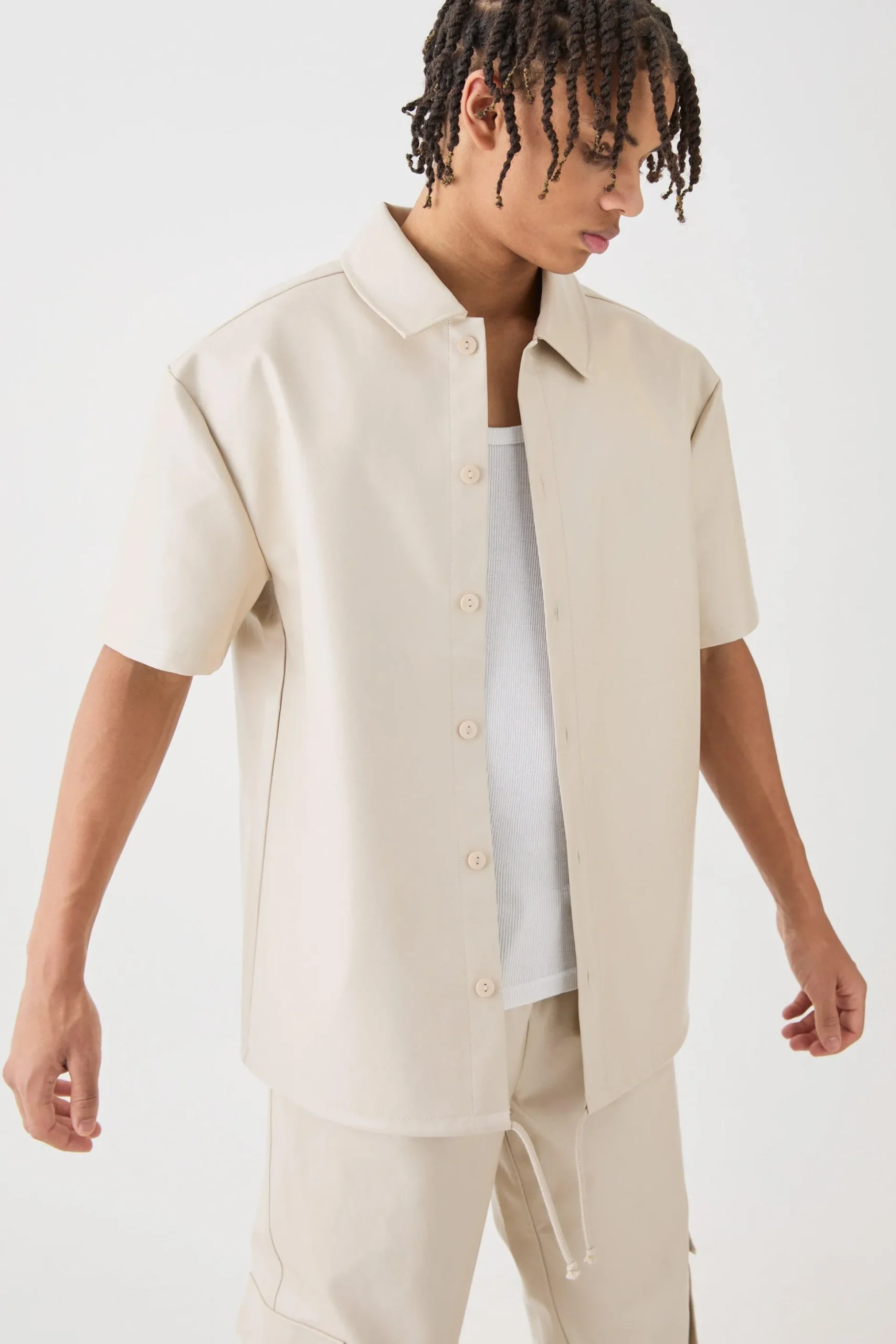 Short Sleeve Drop Shoulder Pu Overshirt & Cargo Trouser Set | BoohooMAN UK