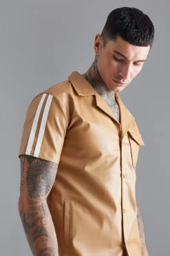 Short Sleeve Dropped Revere Tape Detail Shirt | BoohooMAN UK