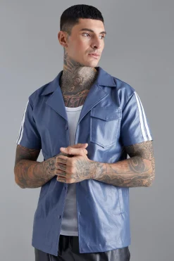 Short Sleeve Dropped Revere Tape Detail Shirt | BoohooMAN UK