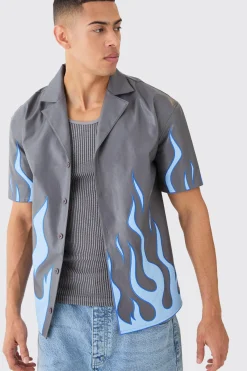 Short Sleeve Dropped Revere Pu Flame Shirt | BoohooMAN UK