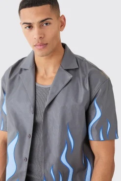 Short Sleeve Dropped Revere Pu Flame Shirt | BoohooMAN UK