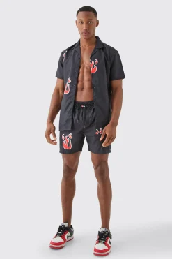 Short Sleeve Flame Shirt & Swim Set | BoohooMAN UK