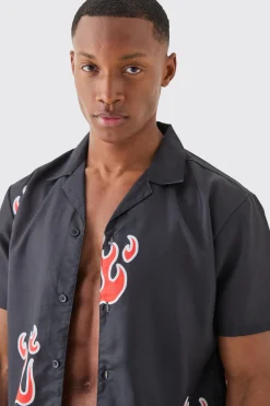 Short Sleeve Flame Shirt & Swim Set | BoohooMAN UK
