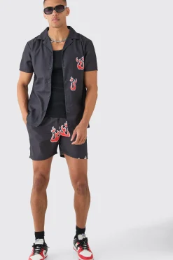 Short Sleeve Flame Shirt & Swim Set | BoohooMAN UK