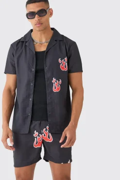 Short Sleeve Flame Shirt & Swim Set | BoohooMAN UK