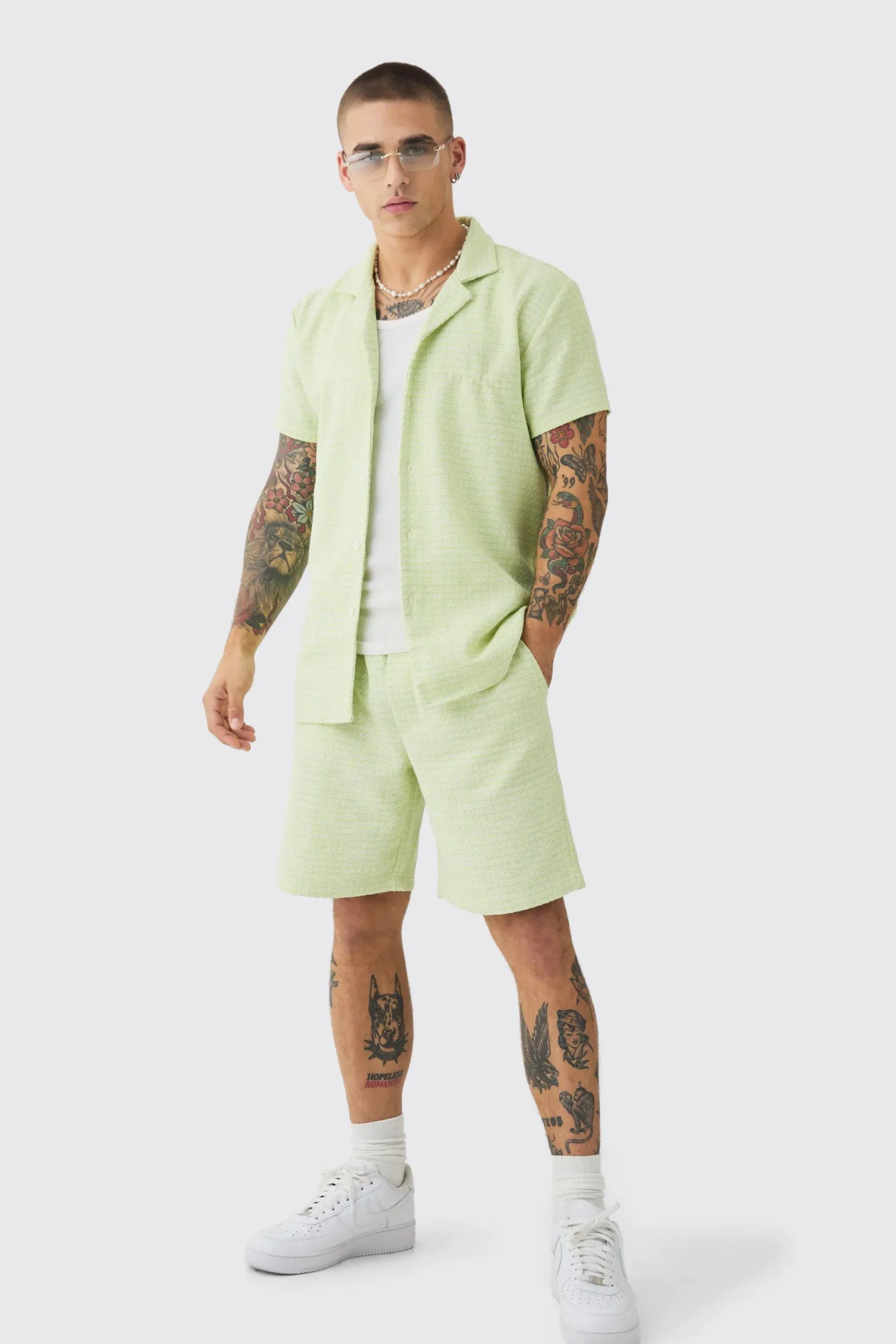 Short Sleeve Geo Textured Shirt & Short | BoohooMAN UK
