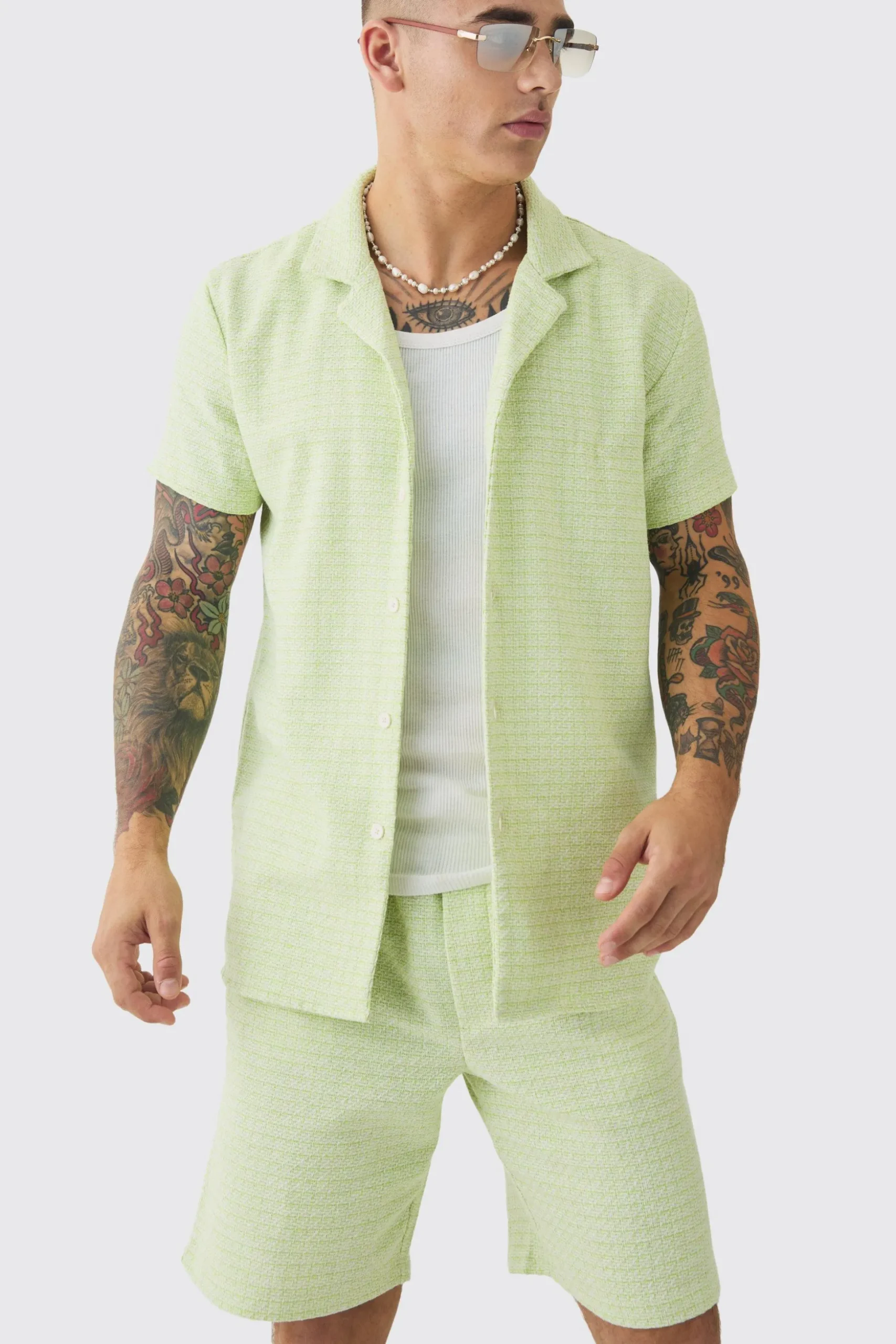Short Sleeve Geo Textured Shirt & Short | BoohooMAN UK