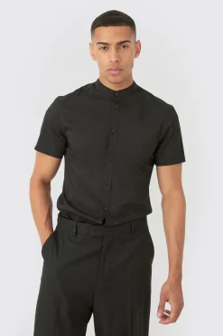 Short Sleeve Grandad Collar Slim Fit Shirt | BoohooMAN UK