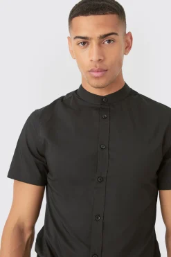 Short Sleeve Grandad Collar Slim Fit Shirt | BoohooMAN UK