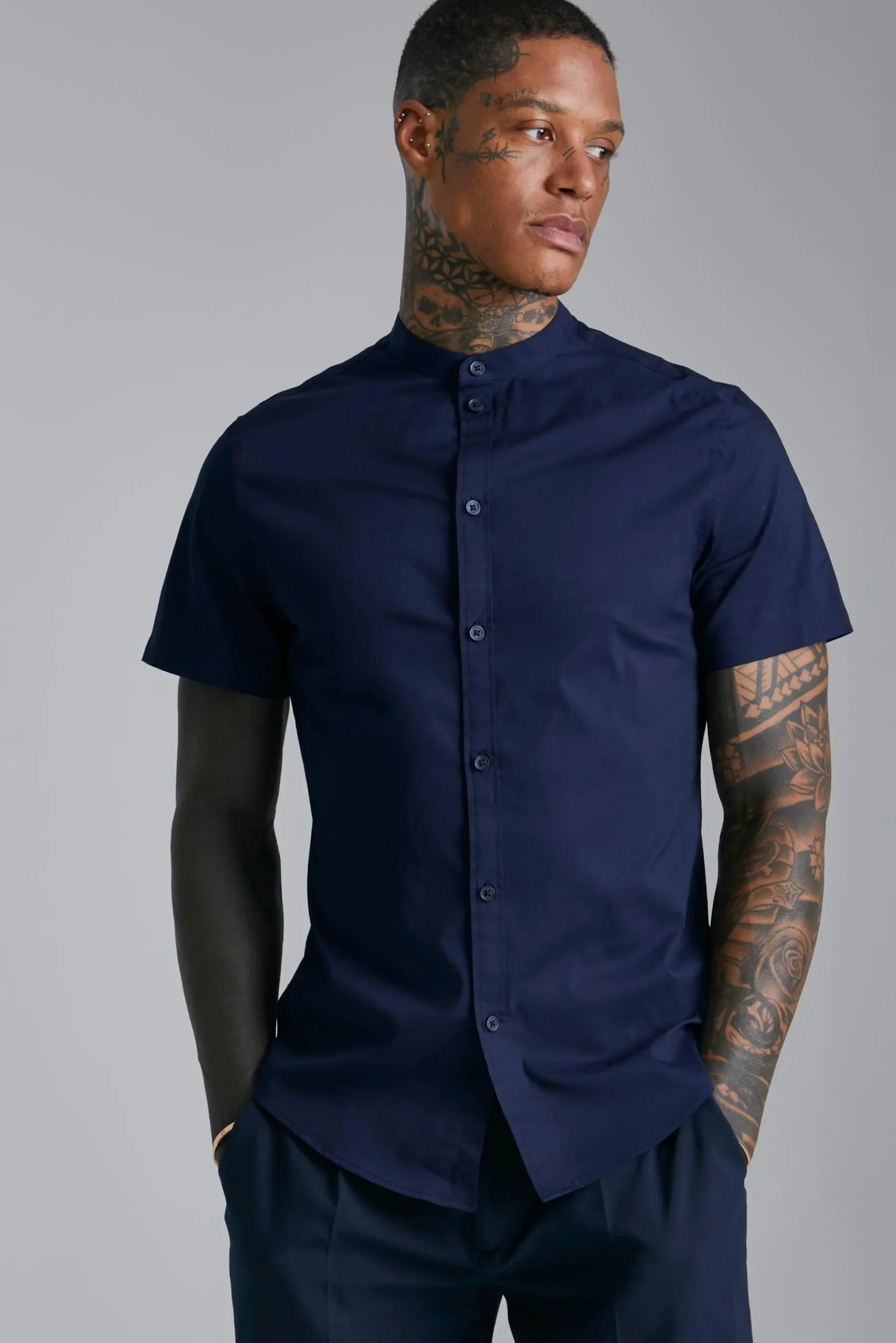 Short Sleeve Grandad Slim Fit Shirt | BoohooMAN UK