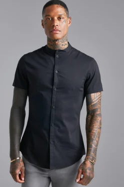 Short Sleeve Grandad Slim Fit Shirt | BoohooMAN UK