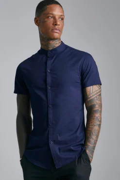 Short Sleeve Grandad Stretch Fit Shirt | BoohooMAN UK
