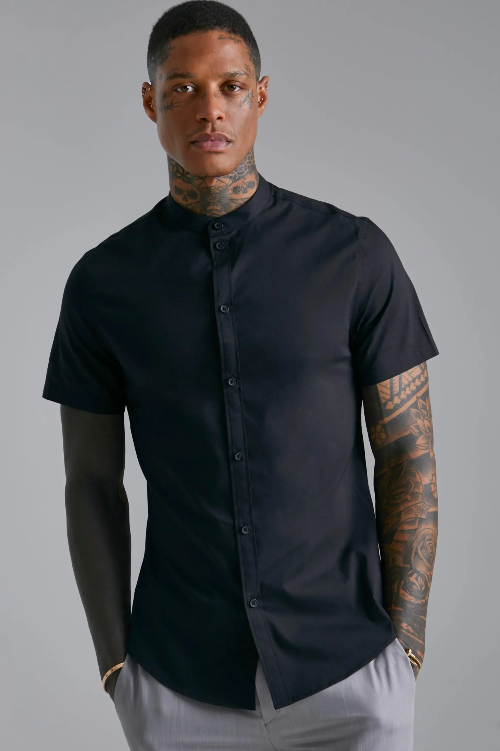 Short Sleeve Grandad Stretch Fit Shirt | BoohooMAN UK