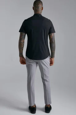 Short Sleeve Grandad Stretch Fit Shirt | BoohooMAN UK