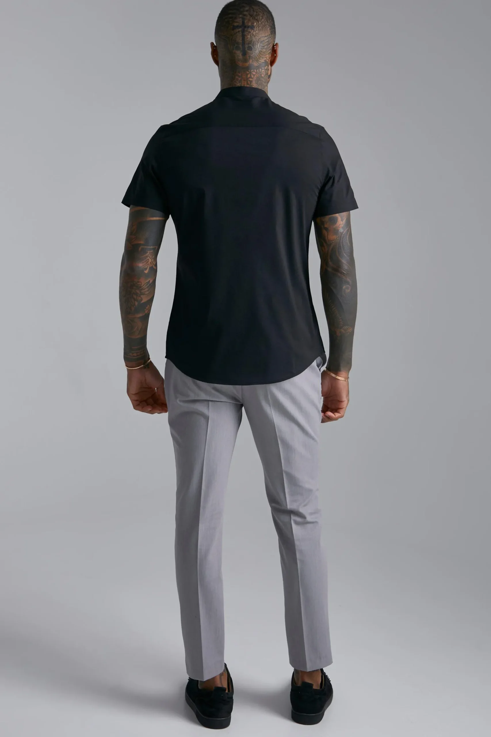 Short Sleeve Grandad Stretch Fit Shirt | BoohooMAN UK