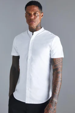 Short Sleeve Grandad Stretch Fit Shirt | BoohooMAN UK